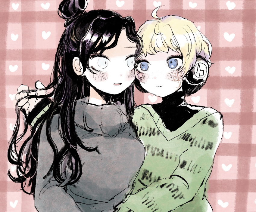 2girls, alternate_hairstyle, apex_legends, bangs, blonde_hair, blue_eyes, breasts, green_sweater, grey_eyes, grey_sweater, hair_behind_ear, hand_in_another's_hair, headphones, heart, kogomo, long_hair, medium_breasts, multiple_girls, open_mouth, plaid, plaid_background, red_background, short_hair, smile, sweater, updo, upper_body, wattson_(apex_legends), wraith_(apex_legends)