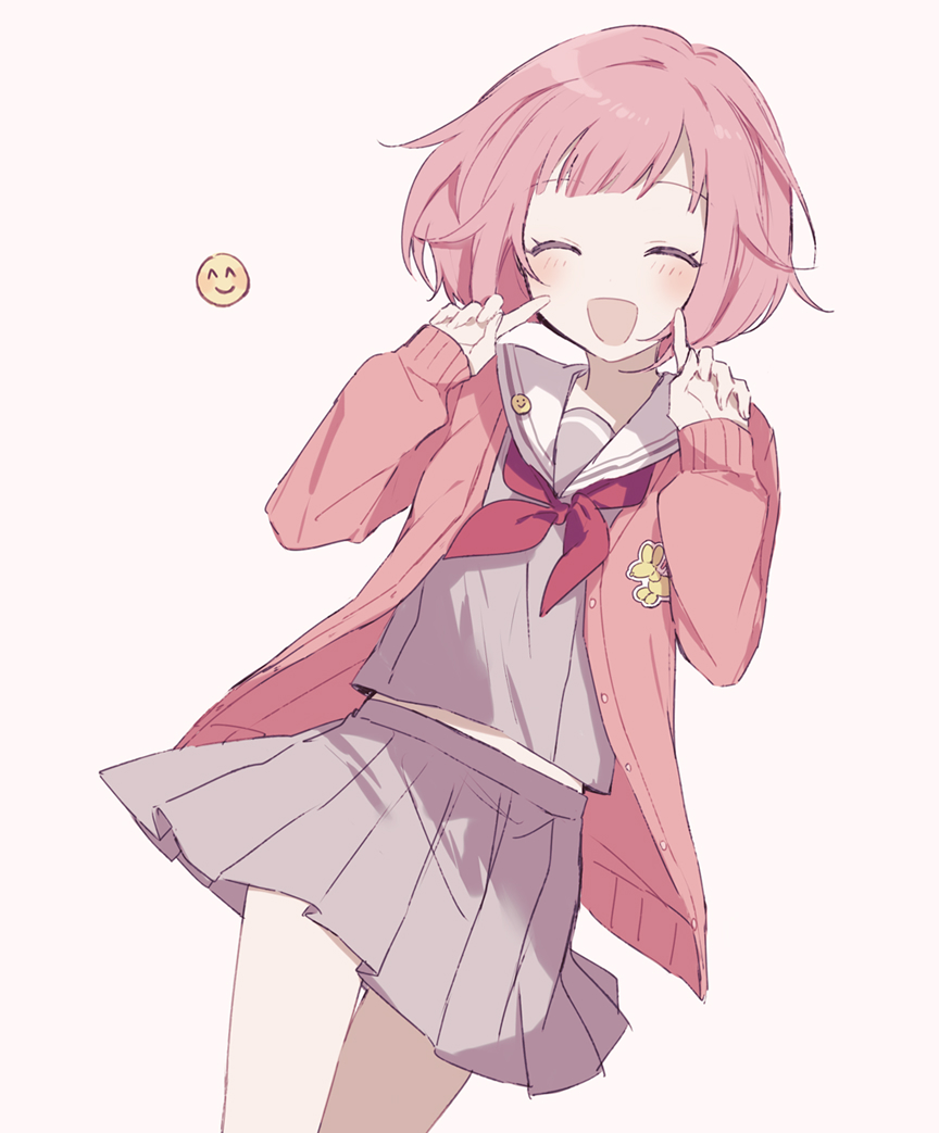 1girl, :d, ^_^, bangs, blush, cardigan, closed_eyes, grey_serafuku