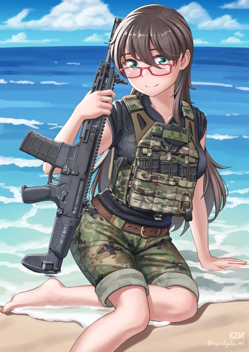 1girl, absurdres, bangs, beach, belt, black_shirt, blue_sky, brown_hair