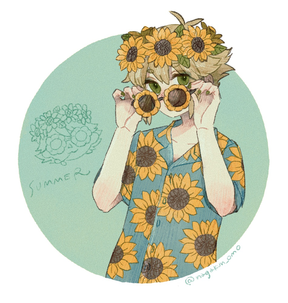 1boy, adjusting_eyewear, alternate_costume, animal_crossing, basil_(omori), blonde_hair, collarbone, floral_print, flower, green_eyes, green_nails, head_wreath, looking_at_viewer, nagakun_omo, omori, short_hair, short_sleeves, solo, sunflower, sunflower_print, sunglasses, twitter_username