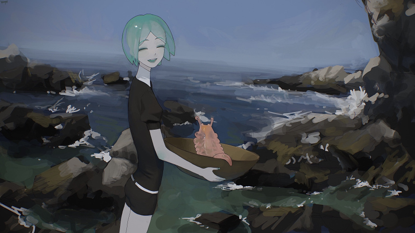 1other, ^_^, absurdres, androgynous, animal, aqua_hair, aqua_nails, bangs