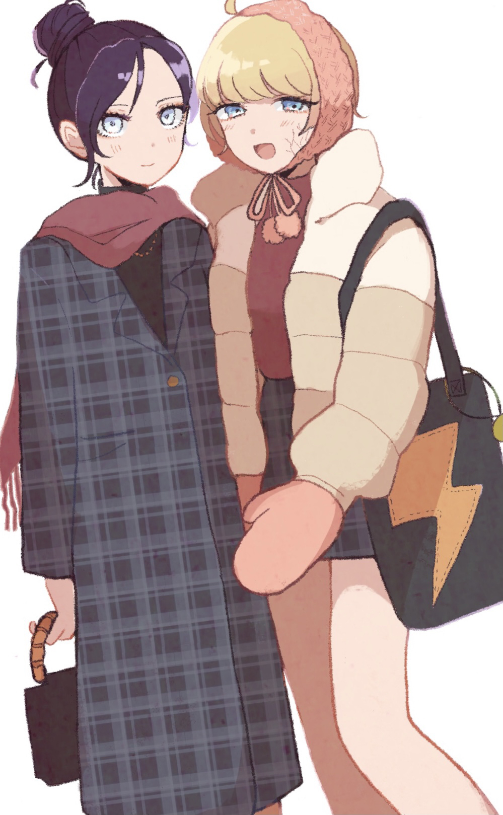 2girls, alternate_costume, apex_legends, bag, blue_eyes, blue_jacket, blue_skirt, brown_jacket