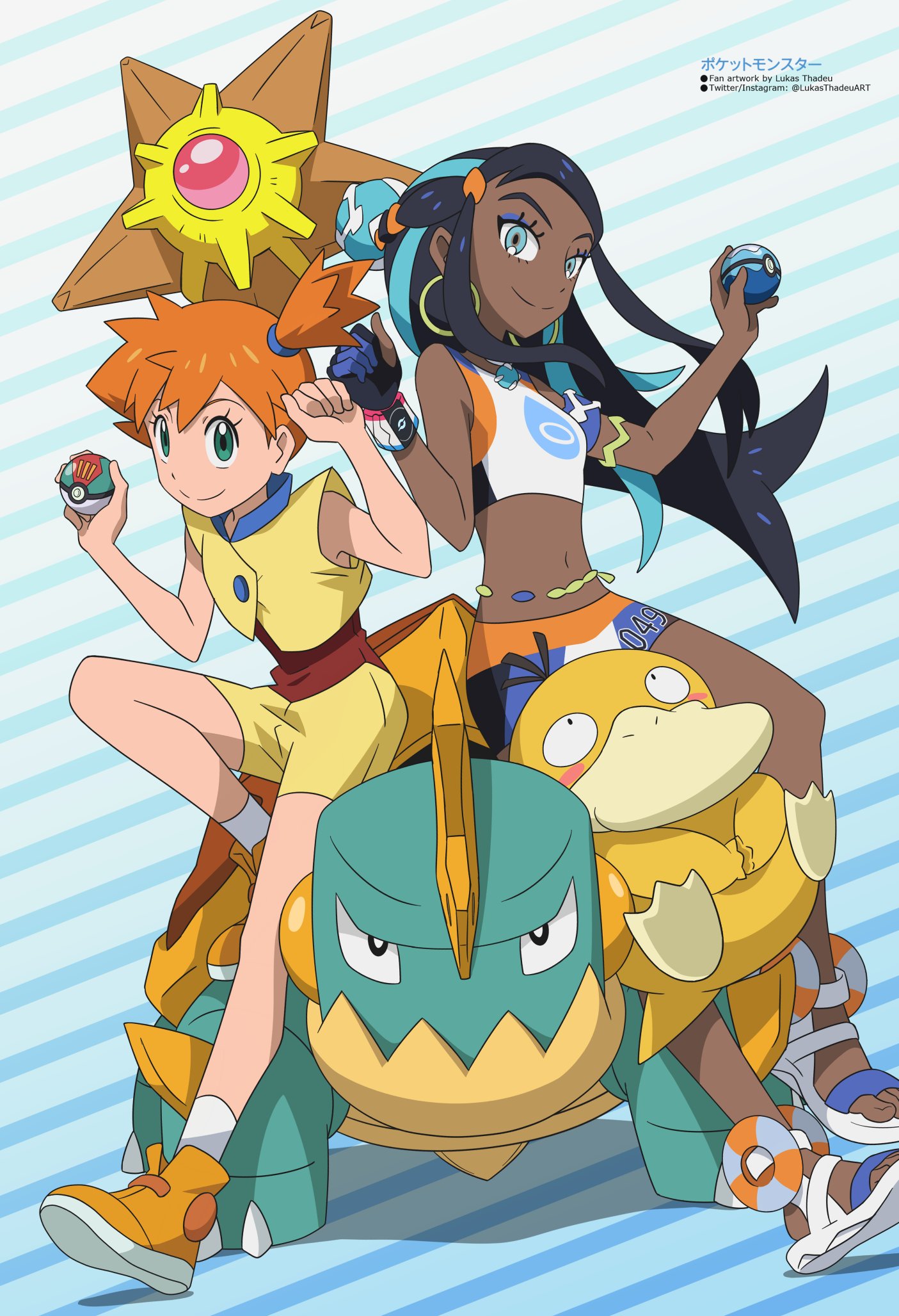 2girls, aqua_eyes, black_hair, blue_eyes, blush, dark-skinned_female, dark_skin, dive_ball