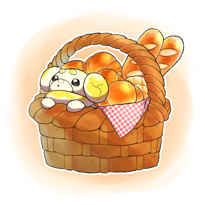 basket, black_eyes, bread, breadstick, bright_pupils, commentary_request, croissant, fidough, food, highres, looking_up, no_humans, notice_lines, outline, parted_lips, pokemon, pokemon_(creature), pokke_tuki, solo, white_pupils