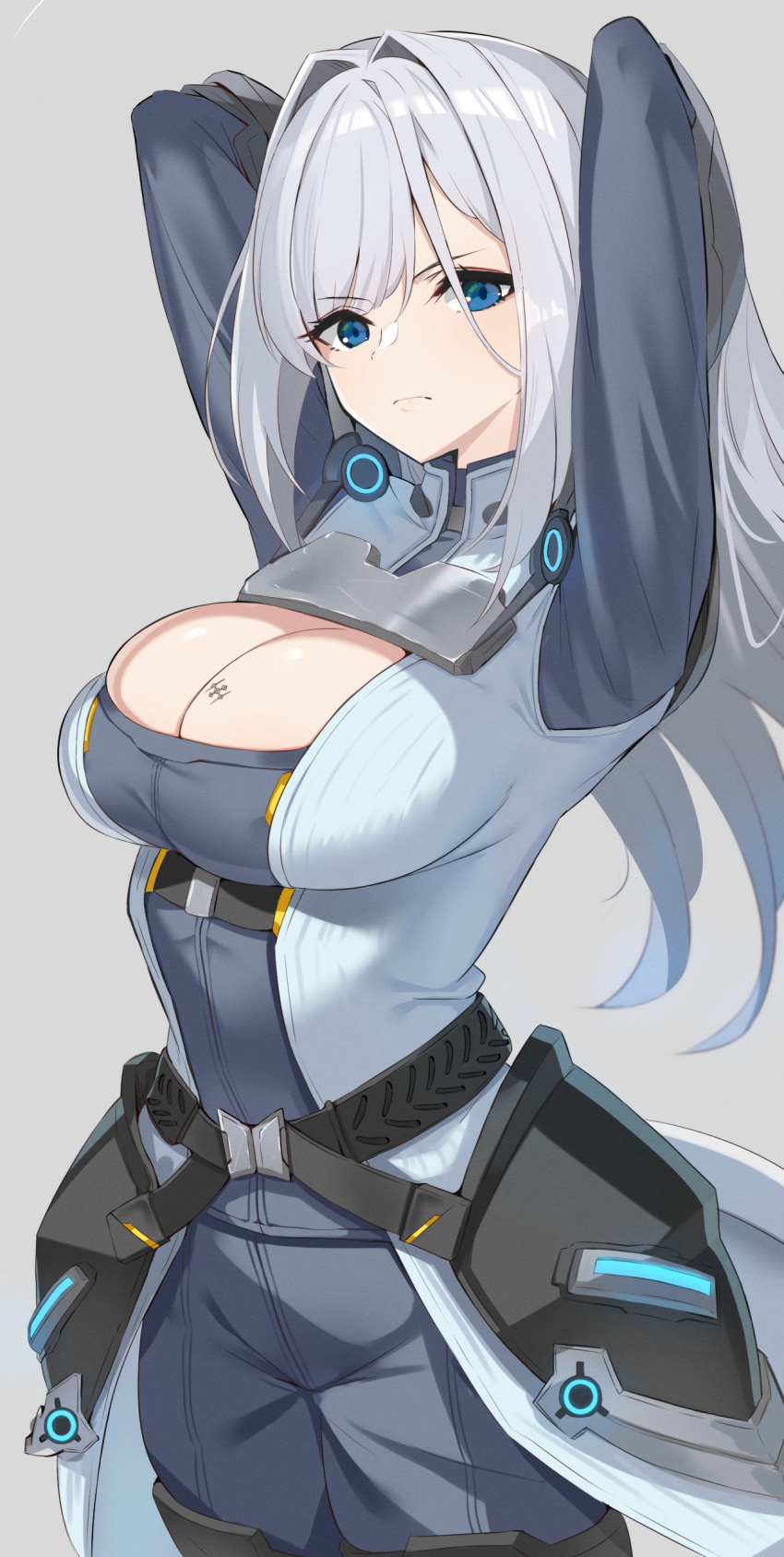 1girl, absurdres, arms_behind_head, arms_up, belt, blue_eyes, breast_tattoo, breasts