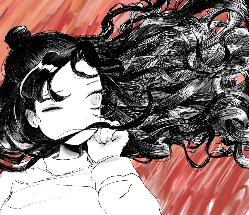 1girl, apex_legends, bangs, clenched_hand, expressionless, floating_hair, greyscale_with_colored_background, hair_behind_ear