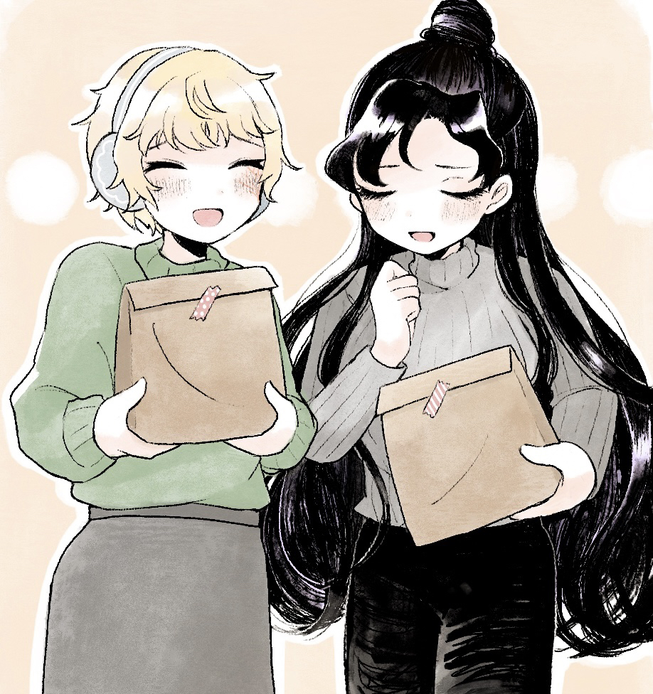 2girls, ^_^, apex_legends, bag, bangs, black_hair, black_pants, blush