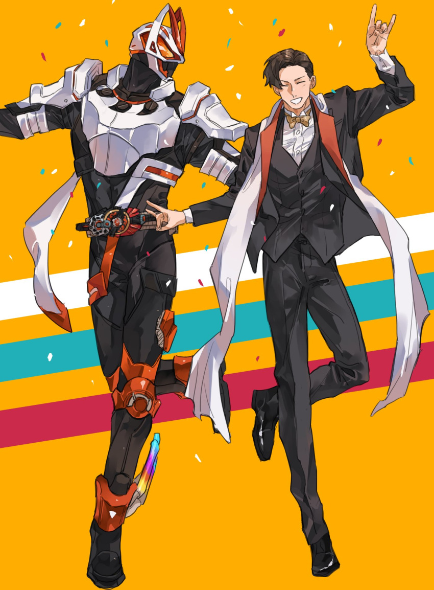 2boys, armor, bbbb_fex, black_bodysuit, black_jacket, black_pants, black_vest, bodysuit