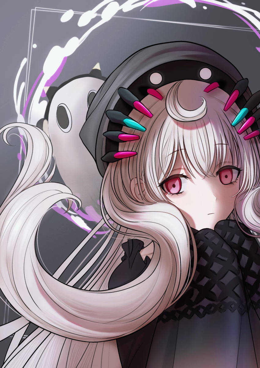 1girl, absurdly_long_hair, ahoge, bangs, black_dress, black_eyeshadow, black_headwear, closed_mouth