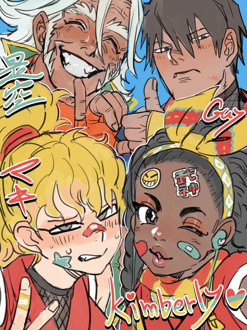 2boys, 2girls, :d, ^_^, bandaid, bandaid_on_face, bandaid_on_hand, beard