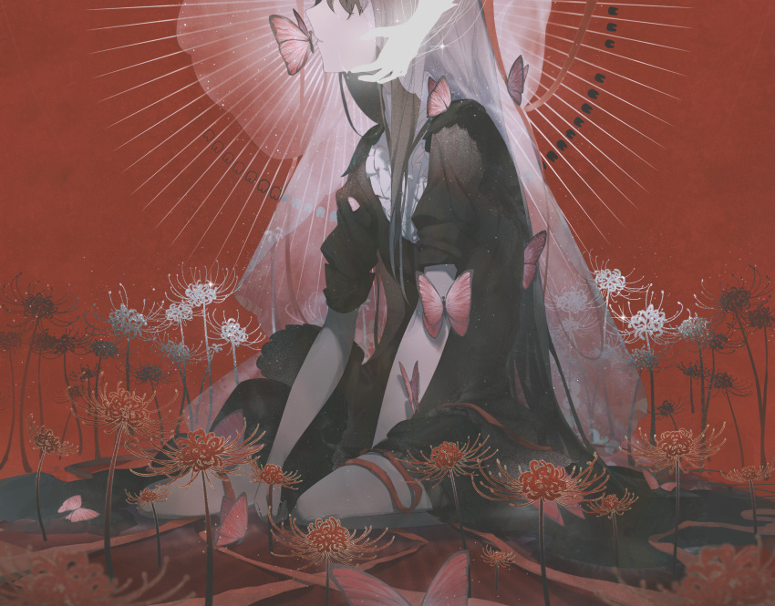 1girl, akemi_homura, bangs, between_legs, black_dress, black_hair, bug, butterfly, butterfly_on_shoulder, commentary, dinned, dress, flower, frilled_dress, frills, from_side, hand_between_legs, head_out_of_frame, highres, long_hair, mahou_shoujo_madoka_magica, on_shoulder, out_of_frame, parted_lips, pink_butterfly, profile, red_background, red_ribbon, red_theme, ribbon, sitting, sleeves_rolled_up, solo_focus, spider_lily, straight_hair, tears, veil, wariza