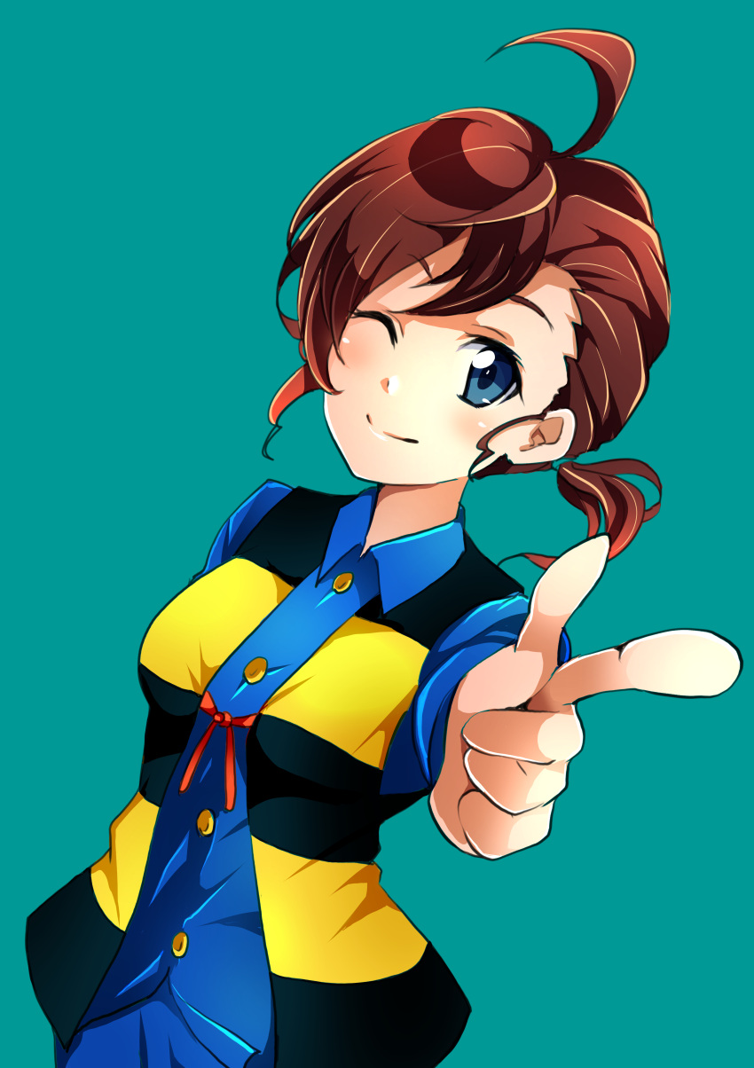 1girl, ;), absurdres, ahoge, blue_background, blue_eyes, blue_shirt, brown_hair