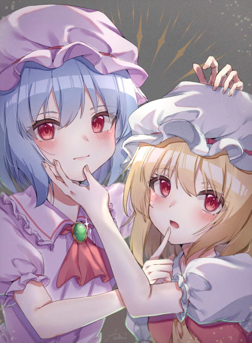 2girls, ascot, blonde_hair, blue_hair, blush, brooch, flandre_scarlet, hand_on_another's_face, hat, highres, ice_cream_(aisu_aisu_9898), jewelry, mob_cap, multiple_girls, puffy_sleeves, red_ascot, red_eyes, remilia_scarlet, short_sleeves, siblings, sisters, touhou, upper_body