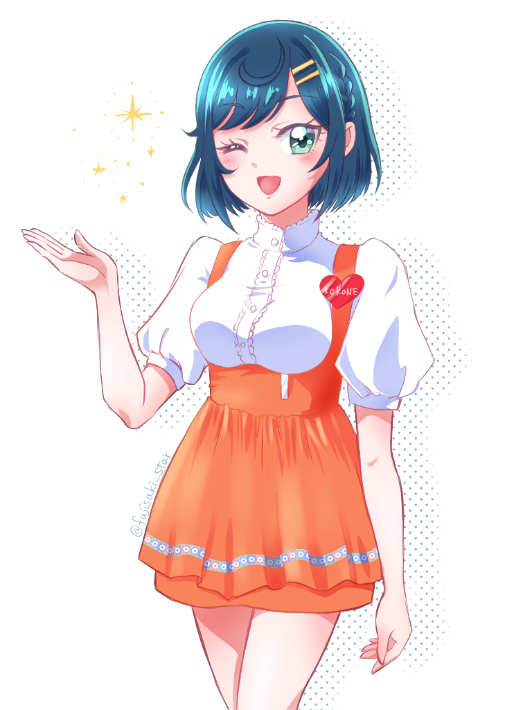 1girl, ;d, anna_miller, blue_hair, blush, braid, cowboy_shot, delicious_party_precure, dress_shirt, fujisaki_star, fuwa_kokone, green_eyes, hair_ornament, hairclip, layered_skirt, looking_at_viewer, miniskirt, one_eye_closed, orange_skirt, precure, shiny, shiny_hair, shirt, short_hair, short_sleeves, single_braid, skirt, smile, solo, standing, suspender_skirt, suspenders, waitress, white_background, white_shirt