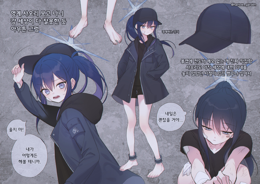 1girl, bandages, bandaid, bandaid_on_face, bangs, barefoot, baseball_cap, black_hair