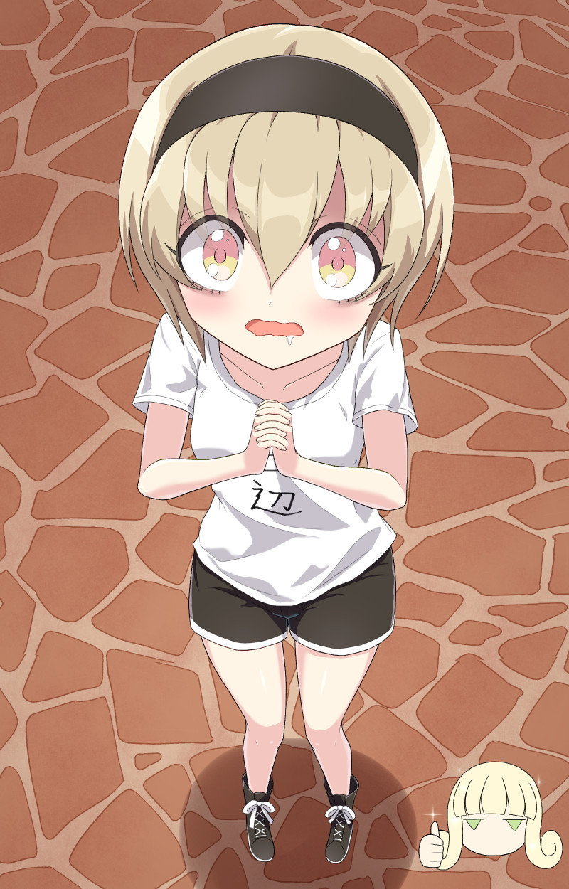 2girls, black_shorts, blonde_hair, blush, breasts, green_eyes, hairband, highres