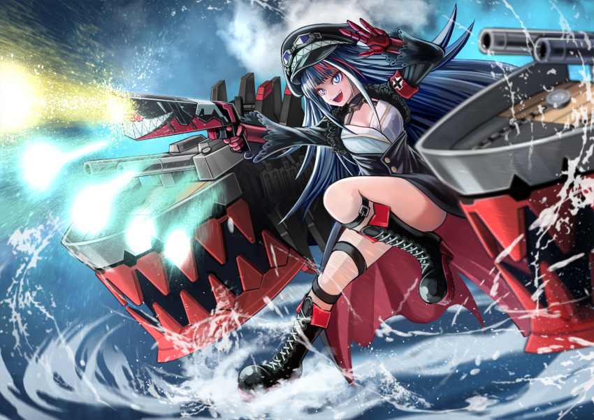 1girl, :d, armband, azur_lane, black_footwear, black_hair, blue_eyes, boots