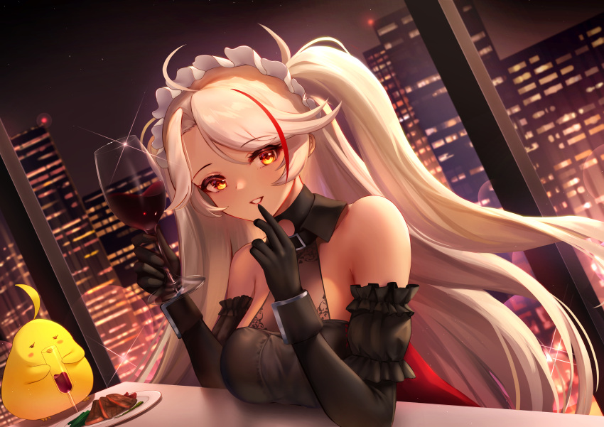 1girl, absurdres, azur_lane, bangs, black_dress, building, champagne_flute, cityscape