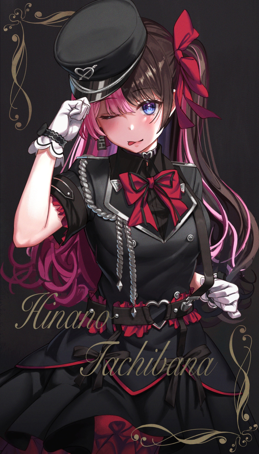 1girl, ;p, absurdres, alternate_costume, belt, black_hair, black_headwear, blue_eyes