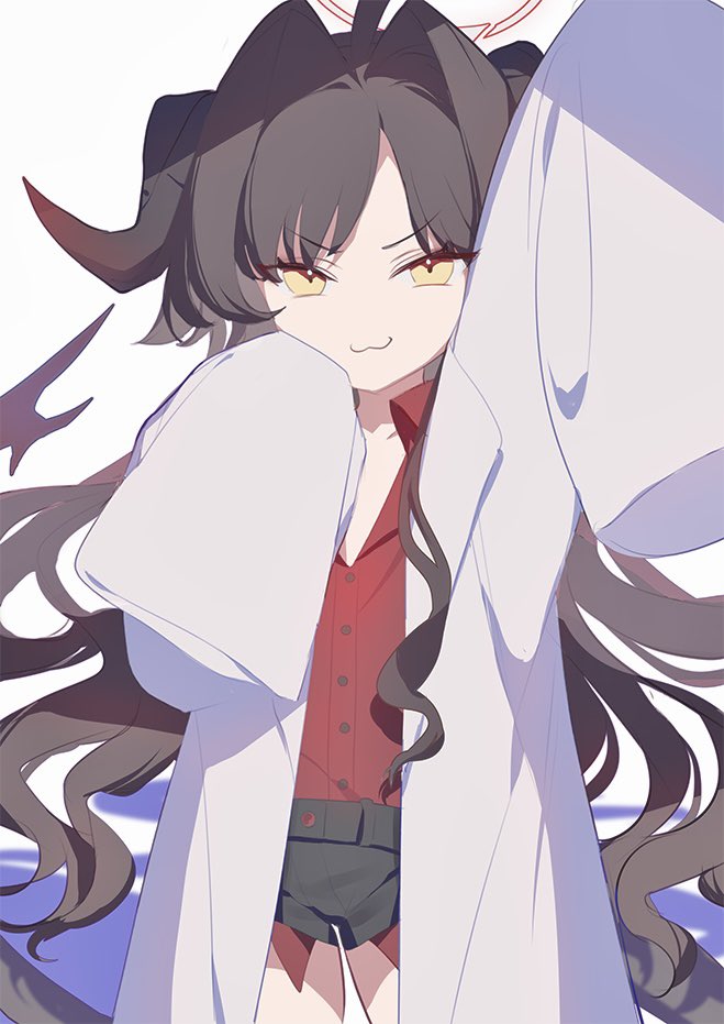 >:), 1girl, :3, ahoge, arm_up, ba_fed_kitaku, bangs, blue_archive