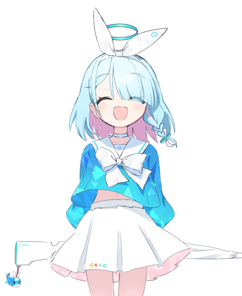 1girl, :d, ^_^, arona_(blue_archive), bangs, blue_archive, blue_hair, blue_serafuku, blue_shirt, bow, bow_hairband, bowtie, braid, choker, closed_eyes, collarbone, colored_inner_hair, hair_over_one_eye, hairband, halo, highres, keychain, mei_mu, midriff_peek, multicolored_hair, navel, neckerchief, open_mouth, pink_hair, ribbon, sailor_collar, school_uniform, serafuku, shirt, short_hair, single_braid, skirt, smile, solo, umbrella_gun, whale_ornament, white_bow, white_bowtie, white_choker, white_hairband, white_neckerchief, white_ribbon, white_sailor_collar, white_skirt