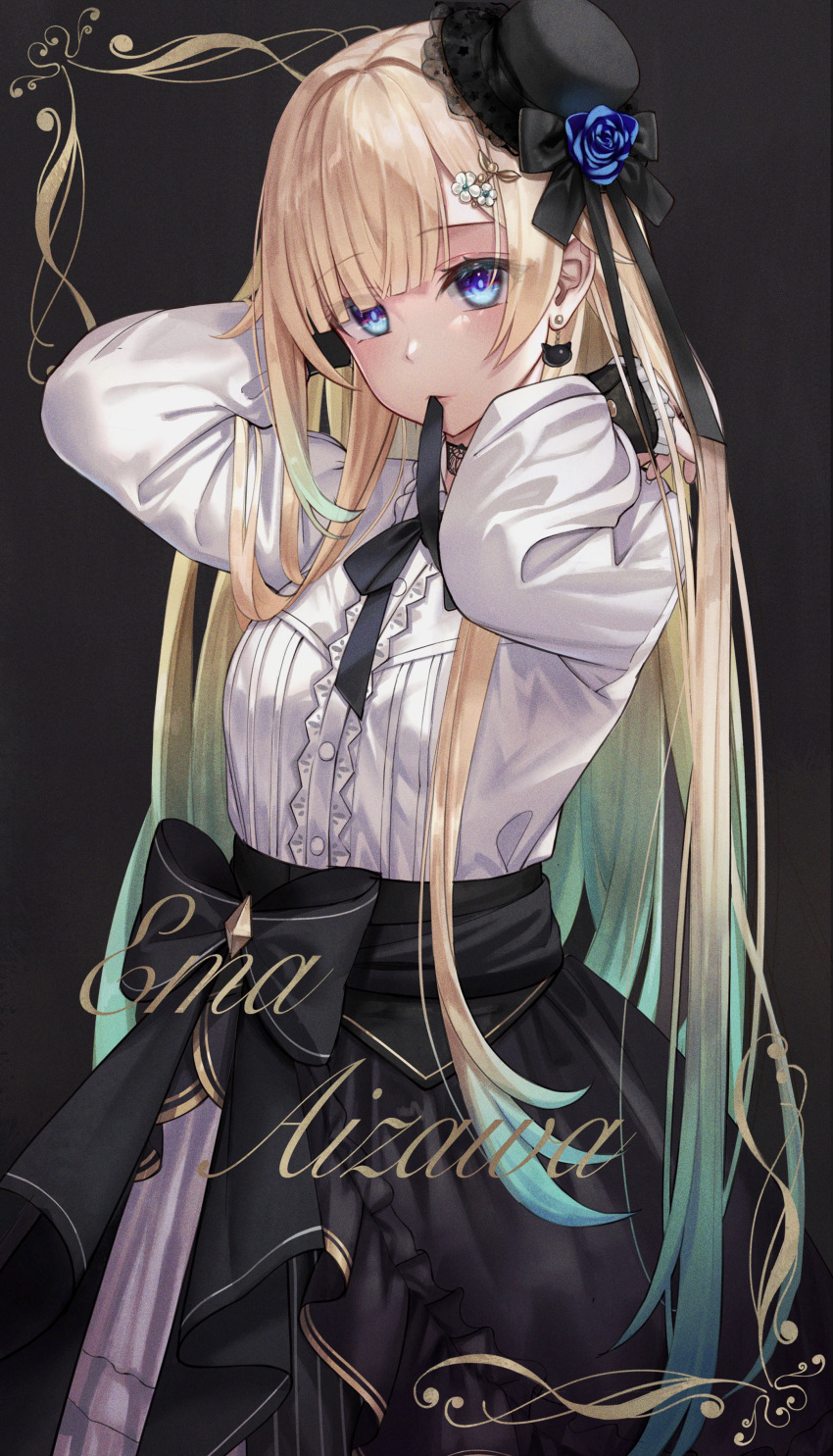 1girl, absurdres, adjusting_hair, aizawa_ema, alternate_costume, bangs, black_choker, black_skirt