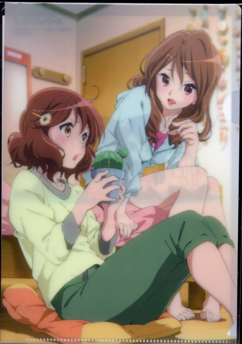 2girls, absurdres, artist_request, bangs, barefoot, bed, blue_hoodie, blush
