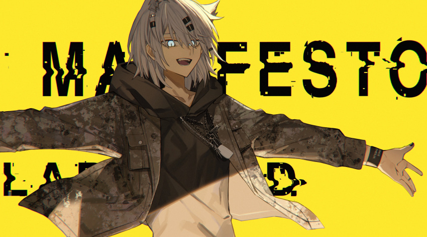 1girl, :d, absurdres, ambience_synesthesia, animal_ears, arknights, black_jacket, black_sweater