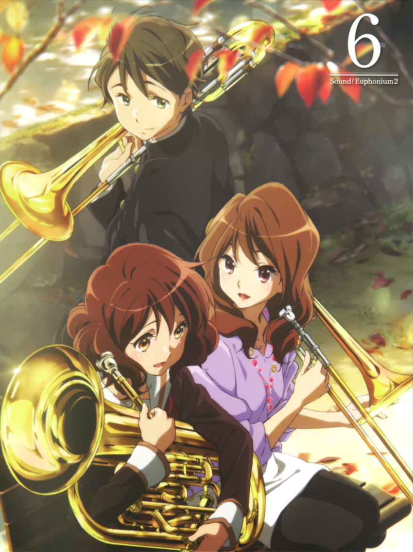 1boy, 2girls, album_cover, bangs, black_pantyhose, black_shirt, brown_eyes, brown_hair