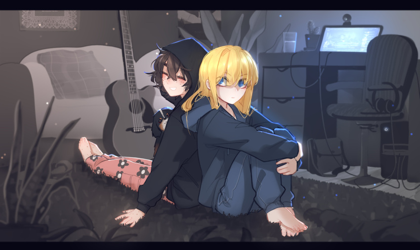 2girls, absurdres, animal, bag, bangs, black_hoodie, blind_girl's_dog_(popopoka), blind_girl_(popopoka), blonde_girl_(popopoka), blonde_hair, blue_pants, brown_hair, brown_pants, chair, closed_mouth, commentary, couch, desk, dog, freckles, grey_hoodie, guitar, hair_between_eyes, happy, headphones, headphones_removed, highres, hood, hoodie, hugging_own_legs, indoors, instrument, long_hair, long_sleeves, multiple_girls, original, pants, plant, popopoka, potted_plant, shiny, shiny_hair, shirt, sitting