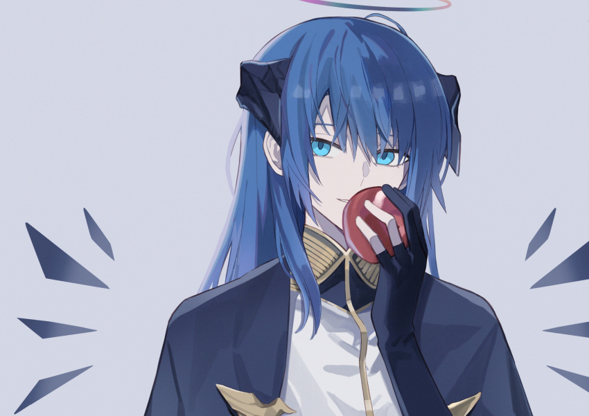 1girl, ahoge, apple, arknights, black_gloves, black_jacket, black_wings, blue_eyes