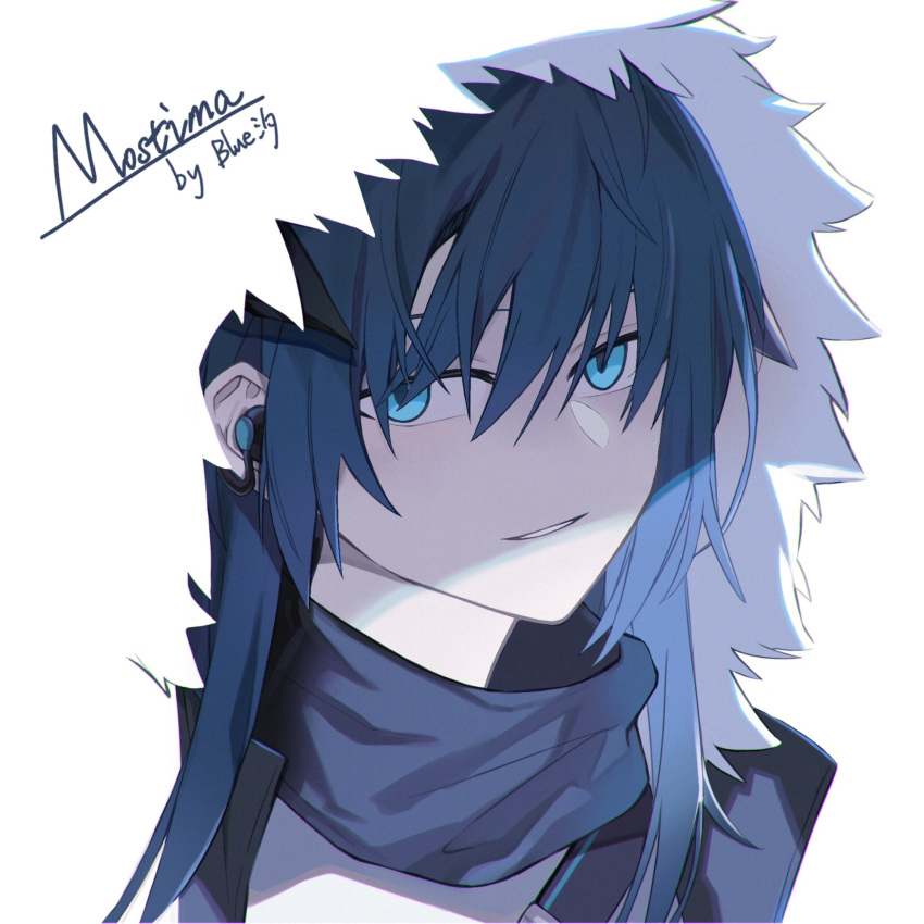 1girl, arknights, artist_name, black_jacket, black_scarf, blue_eyes, blue_hair, blue_xi