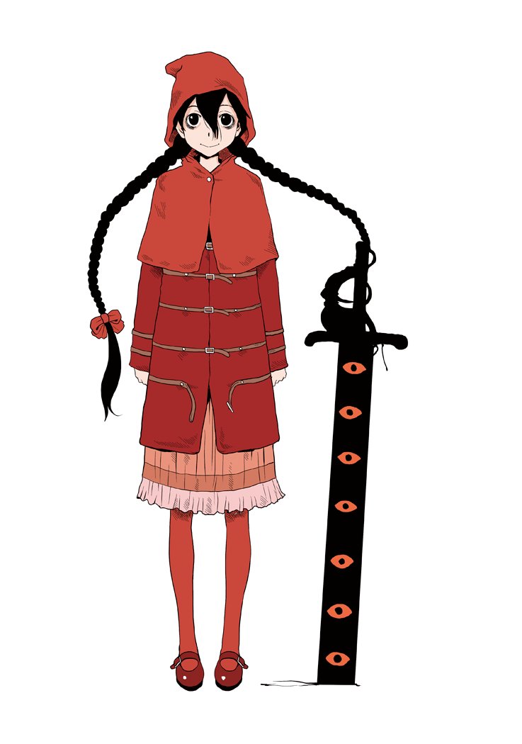 1girl, akazukin_(tokyo_akazukin), belt, black_eyes, black_hair, bow, braid, capelet, coat, full_body, hair_between_eyes, hair_bow, hood, hood_up, long_hair, mary_janes, multiple_belts, red_bow, red_capelet, red_coat, red_footwear, red_hood, shoes, simple_background, smile, solo, standing, sword, tamaoki_benkyou, tokyo_akazukin, twin_braids, weapon, white_background