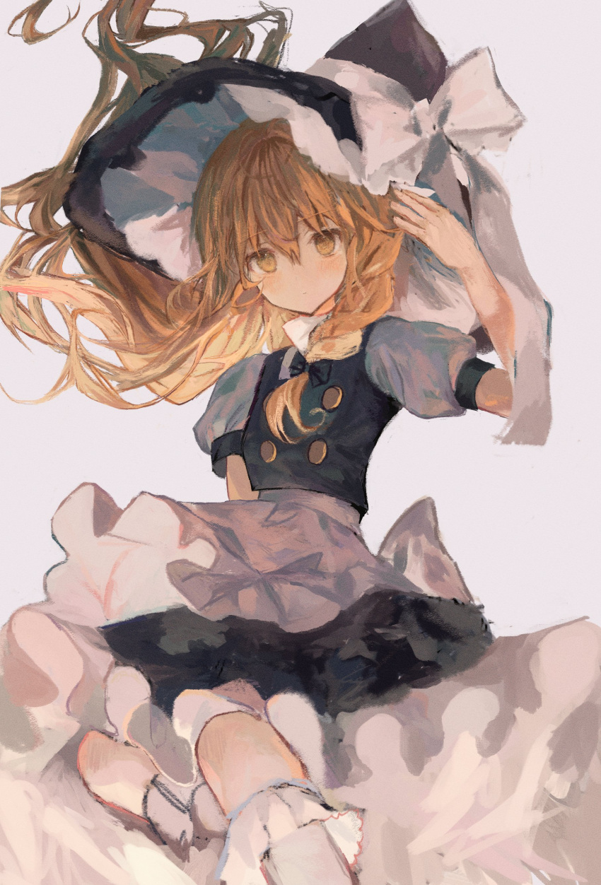 1girl, absurdres, amagi, apron, bangs, black_bow, black_hair, black_vest, blonde_hair, bobby_socks, bow, closed_mouth, commentary_request, expressionless, feet_out_of_frame, frilled_hat, frills, grey_background, hair_between_eyes, hair_bow, hand_up, hat, hat_bow, highres, kirisame_marisa, long_hair, looking_at_viewer, petticoat, puffy_short_sleeves, puffy_sleeves, red_skirt, shirt, short_sleeves, simple_background, skirt, socks, solo, touhou, vest, waist_apron, white_apron, white_bow, white_shirt, white_socks, witch_hat, yellow_eyes