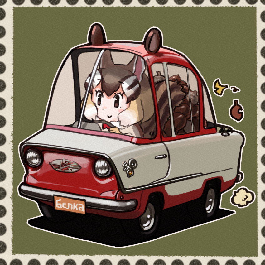 1girl, acorn, bangs, blonde_hair, brown_eyes, brown_hair, car, chibi