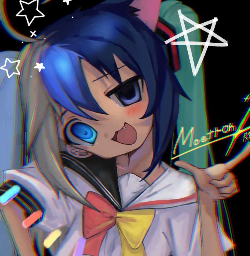 1girl, :3, :d, ahoge, animal_ears, aqua_hair, black_sailor_collar, blue_hair, blush, bow, bowtie, cat_ears, character_name, chimerism, chromatic_aberration, commentary, drawn_star, fang, fusion, futaba_channel, grey_hair, heterochromia, highres, index_finger_raised, jitome, mismatched_pupils, moetron, multicolored_hair, open_mouth, pink_bow, pink_bowtie, pointing, r_(reijibnuy2), sailor_collar, shirt, short_sleeves, smile, solo, streaked_hair, tareme, twintails, two-tone_bowtie, two-tone_sailor_collar, upper_body, white_sailor_collar, white_shirt, yellow_bow, yellow_bowtie