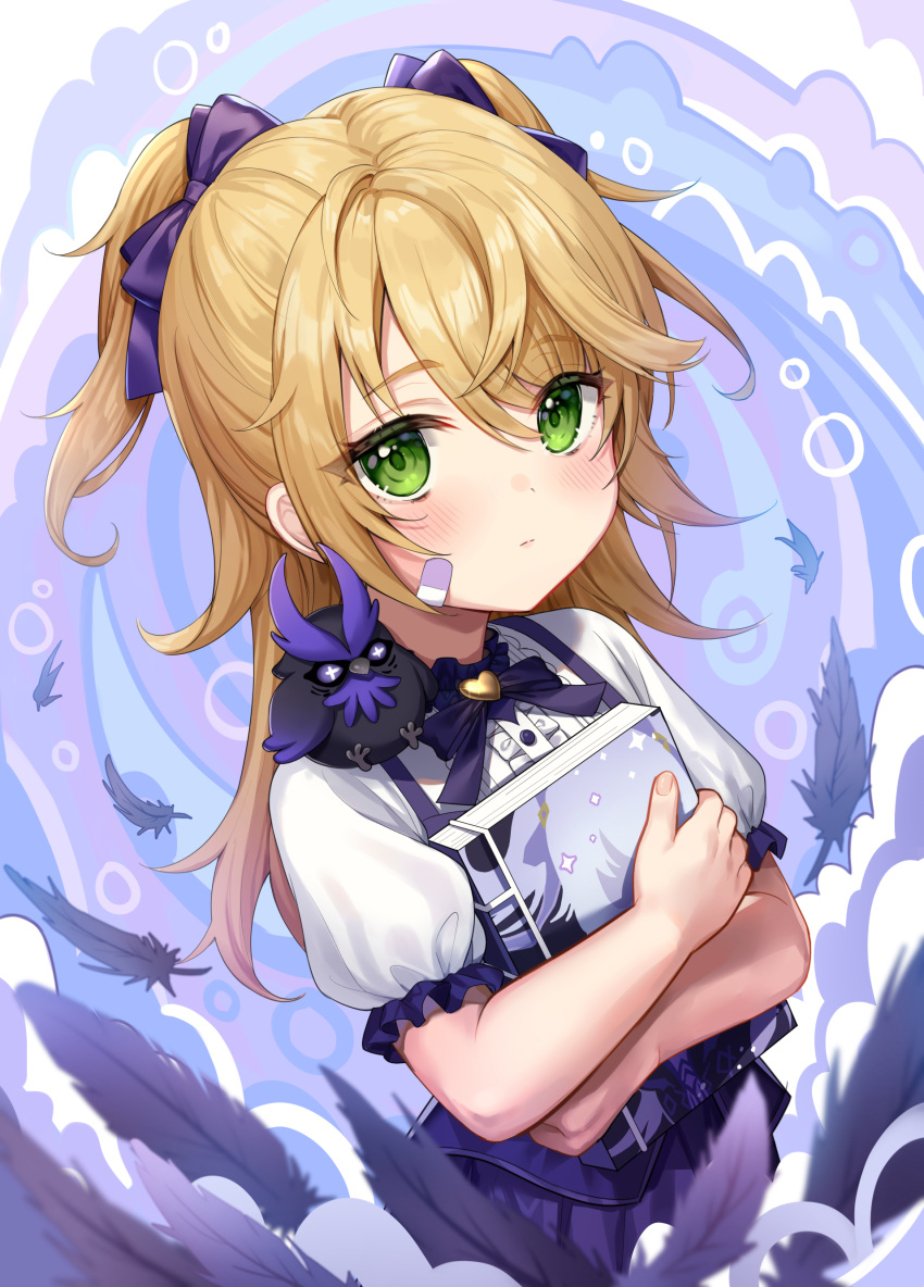 1girl, absurdres, alternate_costume, animal_on_shoulder, bandaid, bandaid_on_face, bangs, bird