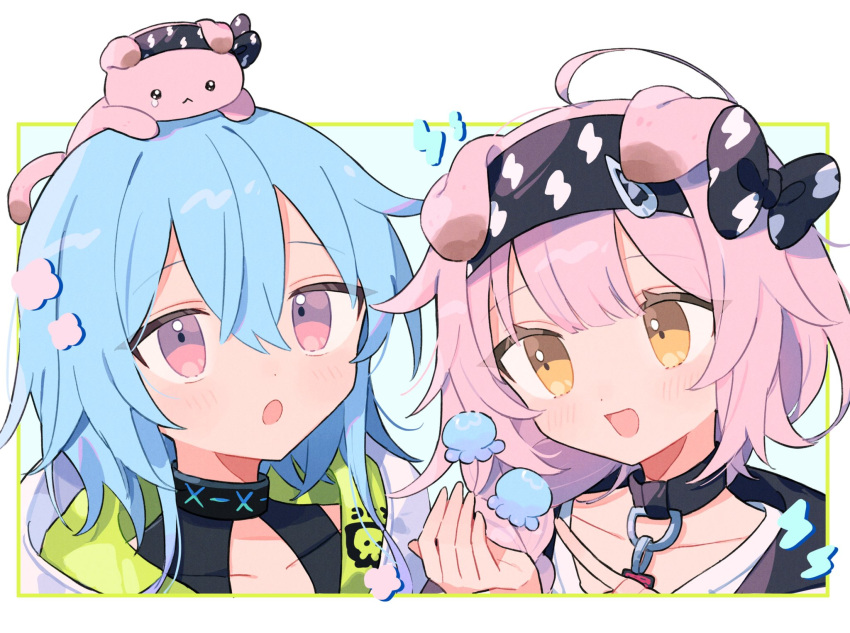 1boy, 1girl, ahoge, animal_ears, animal_on_head, arknights, bandana, bangs