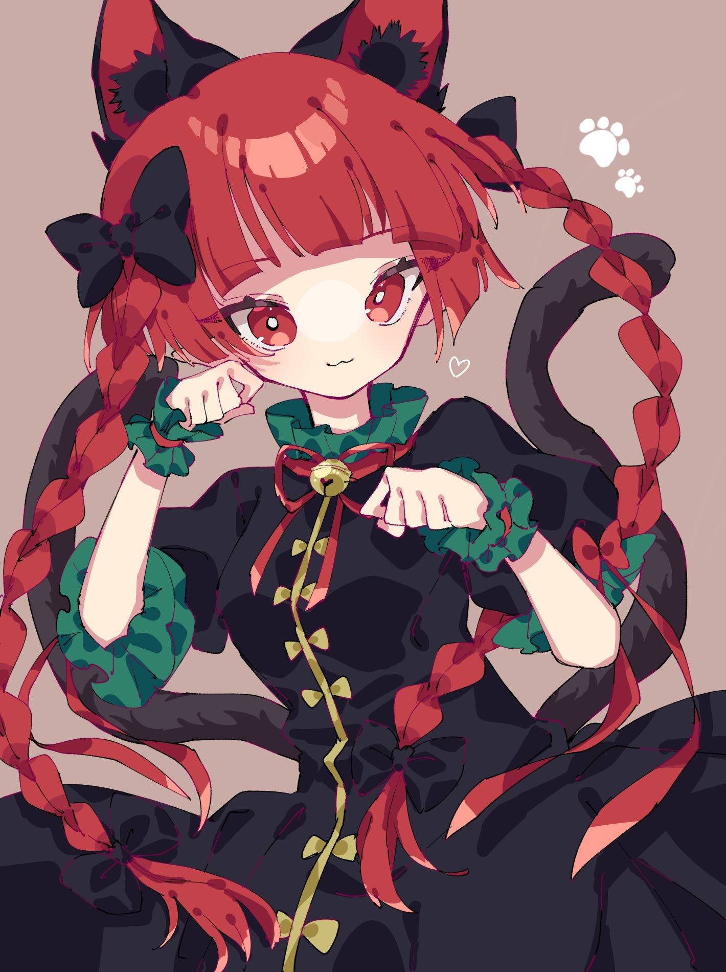 1girl, :3, animal_ears, bangs, black_dress, blunt_bangs, braid, brown_background