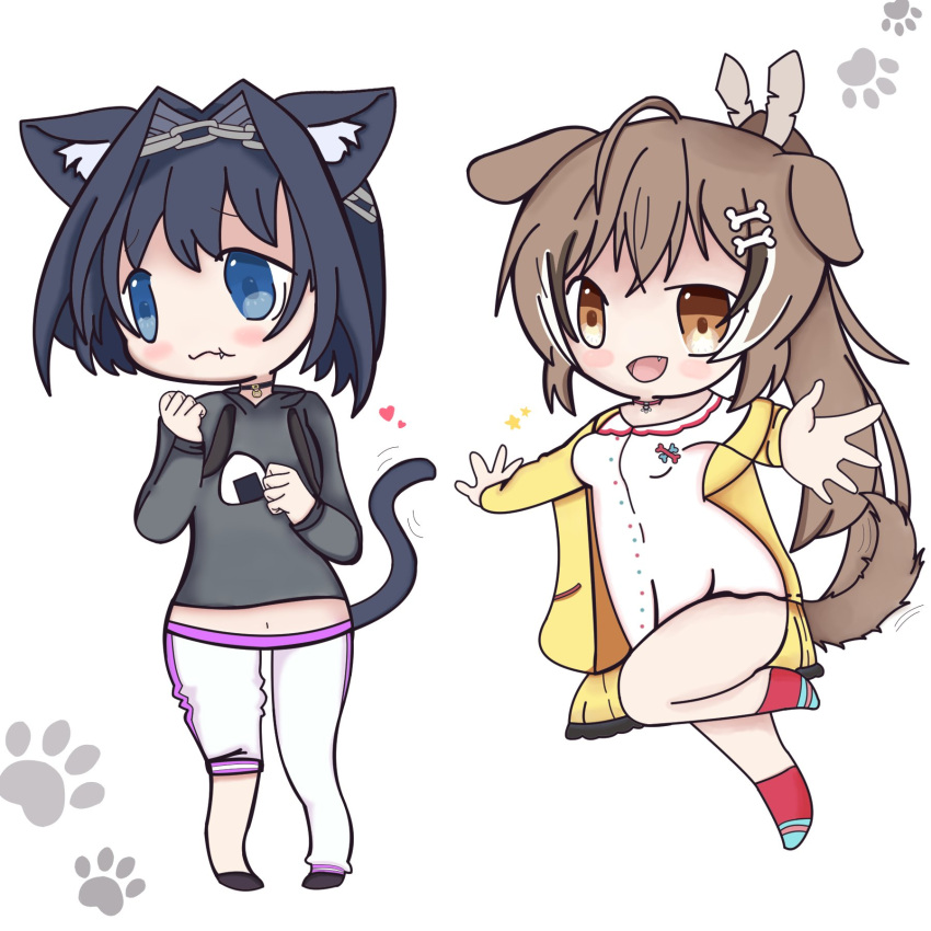 2girls, animal_ear_fluff, animal_ears, animal_hands, animalization, bell, blue_eyes, blue_hair, blush, bone_hair_ornament, brown_eyes, brown_hair, cat_ears, cat_girl, cat_tail, chain, chibi, collar, cosplay, dog_ears, dog_girl, dog_tail, dress, dress_shirt, feather_hair_ornament, feathers, food, hair_ornament, heart, highres, hololive, hololive_english, hood, hoodie, inugami_korone, jacket, jacket_on_shoulders, jingle_bell, kemonomimi_mode, kronie_(ouro_kronii), midriff_peek, multiple_girls, nanashi_mumei, navel, nekomata_okayu, nyuh, onigiri, ouro_kronii, ponytail, shirt, short_socks, socks, tail, tail_wagging, virtual_youtuber, yellow_eyes, yuri