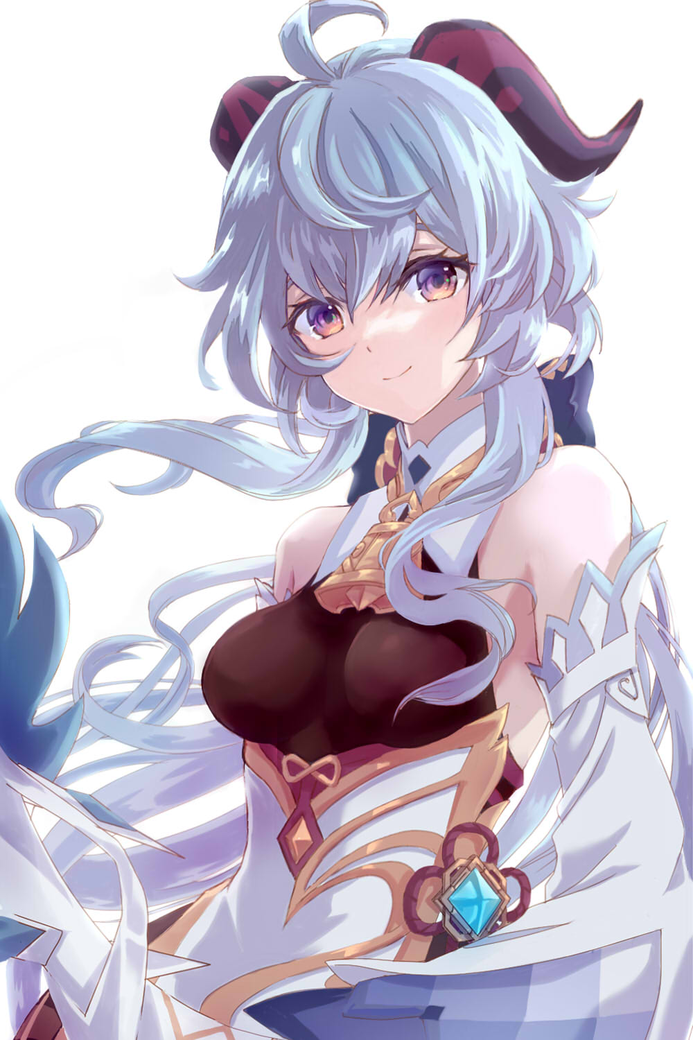 1girl, ahoge, bangs, bare_shoulders, bell, blue_hair, blush, bodystocking, breasts, chinese_knot, detached_sleeves, flower_knot, ganyu_(genshin_impact), genshin_impact, gold_trim, highres, horns, long_hair, looking_at_viewer, medium_breasts, neck_bell, osanpo1234, sidelocks, smile, solo, upper_body, violet_eyes, vision_(genshin_impact), white_background, white_sleeves