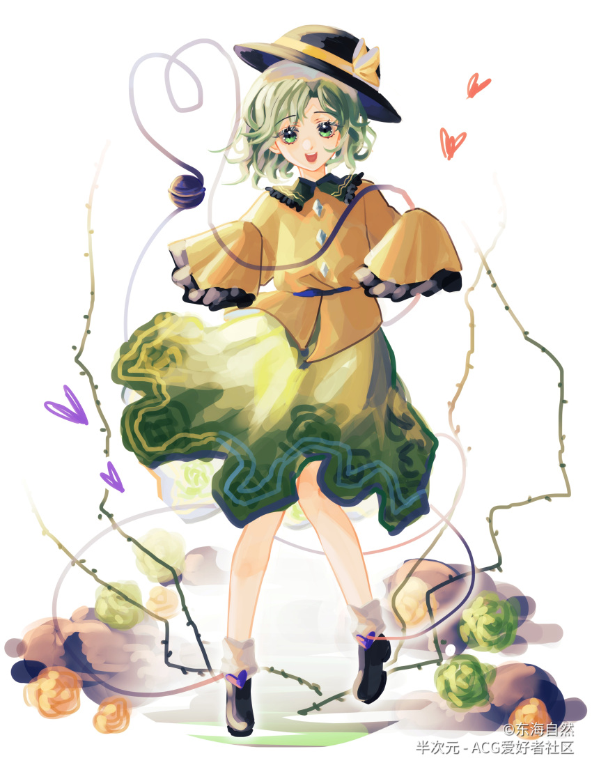 1girl, :d, absurdres, black_footwear, black_headwear, blouse, bow, buttons, chinese_commentary, commentary, copyright, diamond_button, donghai_ziran, frilled_shirt_collar, frilled_sleeves, frills, full_body, green_eyes, green_hair, green_skirt, hands_up, hat, hat_bow, heart, heart_of_string, highres, knees_together_feet_apart, komeiji_koishi, long_sleeves, looking_at_viewer, medium_hair, open_mouth, shirt, shoes, simple_background, skirt, sleeves_past_fingers, sleeves_past_wrists, smile, socks, solo, teeth, third_eye, touhou, upper_teeth, white_background, white_socks, wide_sleeves, yellow_bow, yellow_shirt