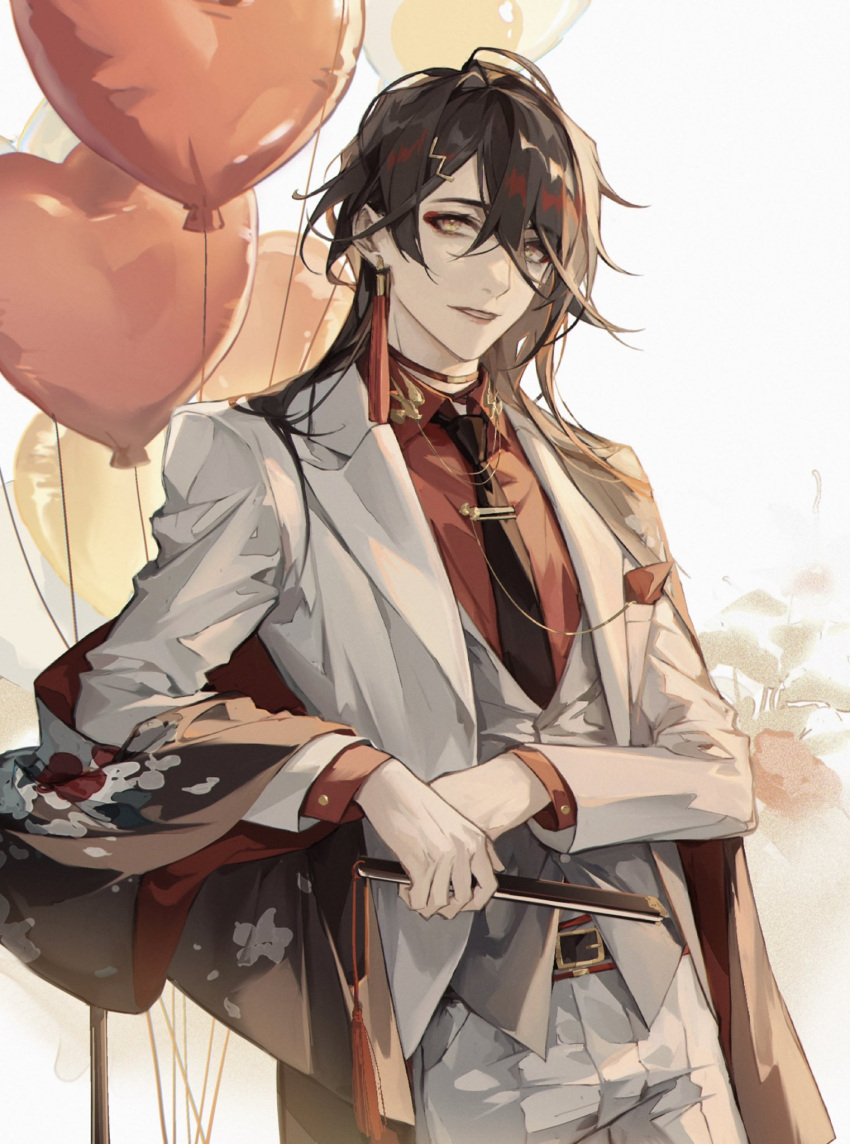 1boy, arm_rest, balloon, bangs, belt, belt_buckle, black_hair, black_kimono