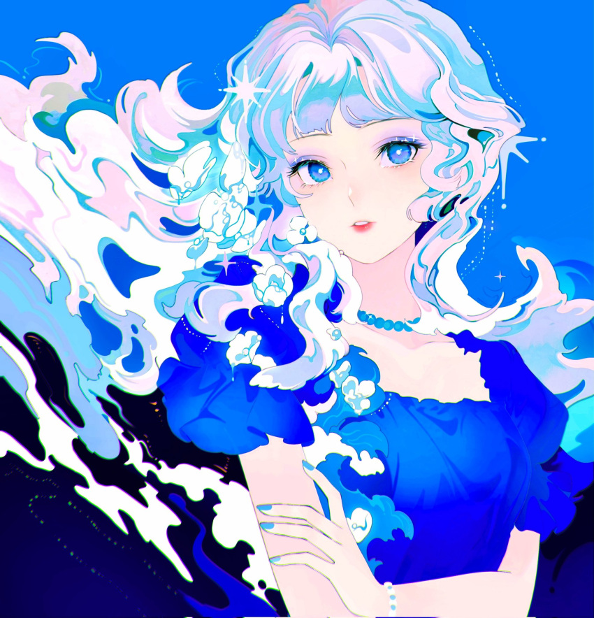 1girl, bangs, bead_bracelet, bead_necklace, beads, blue_background, blue_dress, blue_eyes