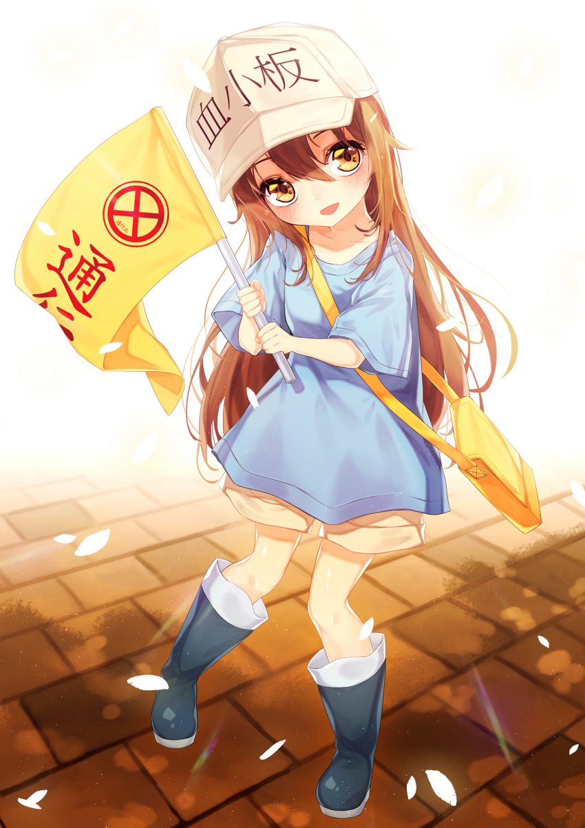 1girl, bag, bangs, baseball_cap, blue_shirt, blush, boots, brown_eyes, brown_hair, child, flag, full_body, hair_between_eyes, hat, hataraku_saibou, highres, holding, holding_flag, jjickjjicke, looking_at_viewer, messenger_bag, open_mouth, pigeon-toed, platelet_(hataraku_saibou), rubber_boots, shirt, shorts, shoulder_bag, smile, solo, white_headwear