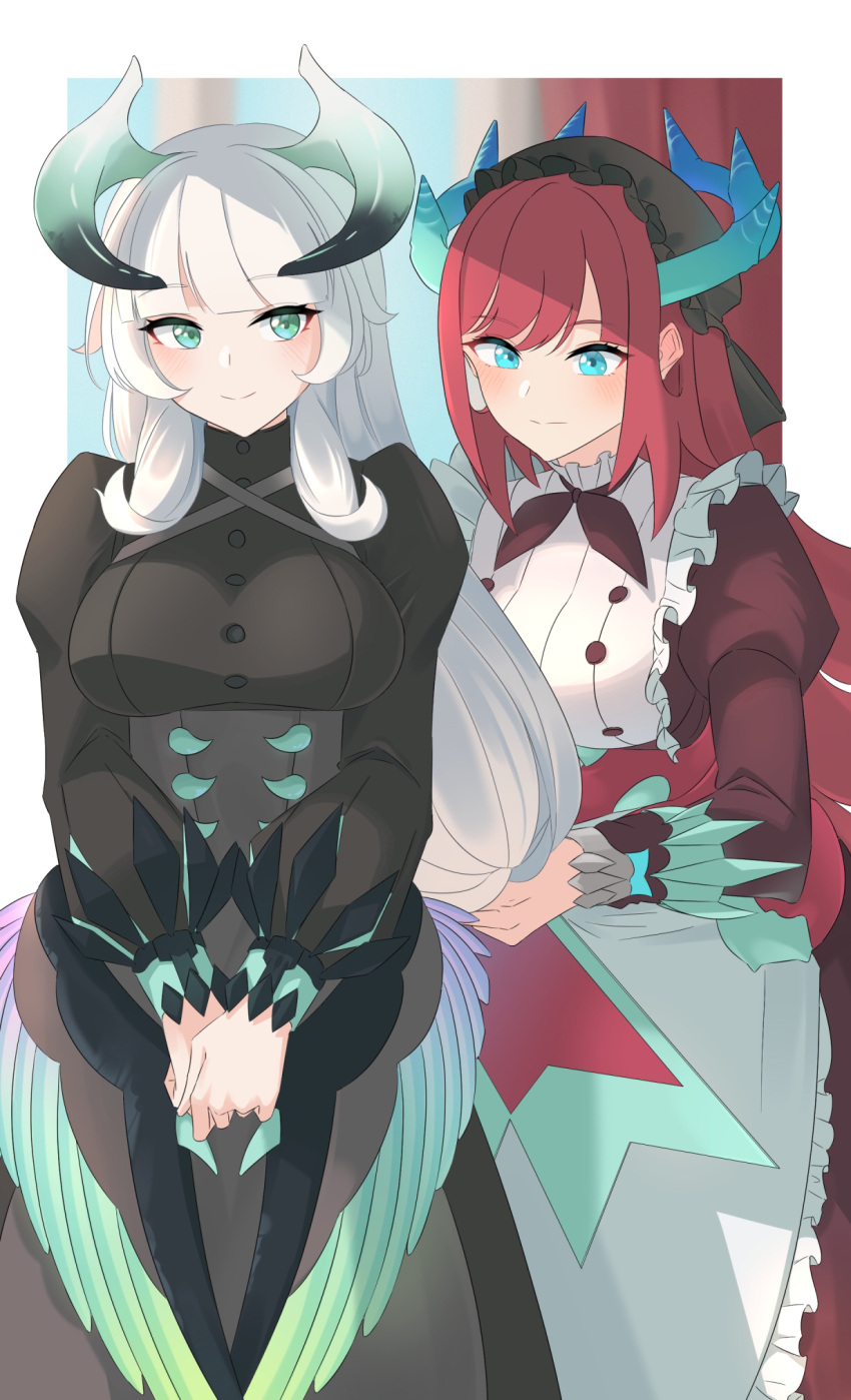 2girls, apron, bangs, black_dress, blue_eyes, blunt_bangs, breasts, chamber_dragonmaid