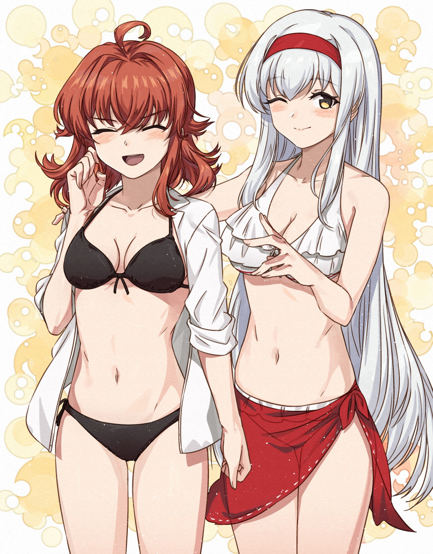 absurdres, ahoge, arashi_(kancolle), bikini, black_bikini, closed_eyes, hairband, highres