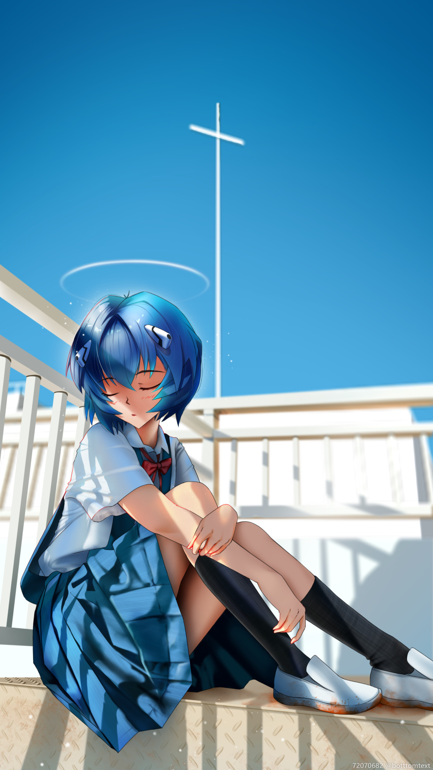 1girl, absurdres, ayanami_rei, black_socks, blue_hair, blue_sky, botttomtext, bow, bowtie, closed_eyes, cross, diamond_plate, evangelion:_3.0+1.0_thrice_upon_a_time, halo, highres, hugging_own_legs, interface_headset, knees_to_chest, neon_genesis_evangelion, railing, rebuild_of_evangelion, red_bow, red_bowtie, school_uniform, short_hair, skirt, sky, socks, solo, suspender_skirt, suspenders, thighs, tokyo-3_middle_school_uniform, white_footwear