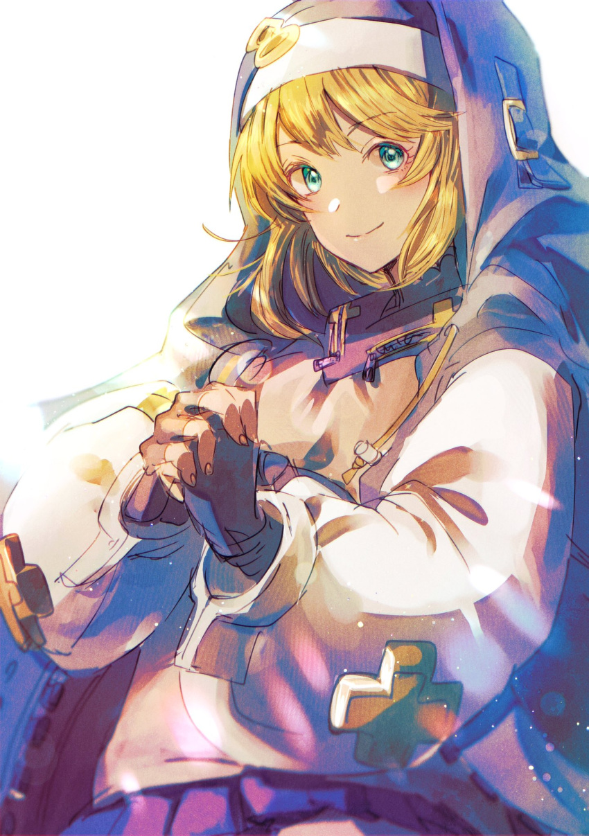 1girl, bangs, black_gloves, blonde_hair, bridget_(guilty_gear), cross, fingerless_gloves, gloves