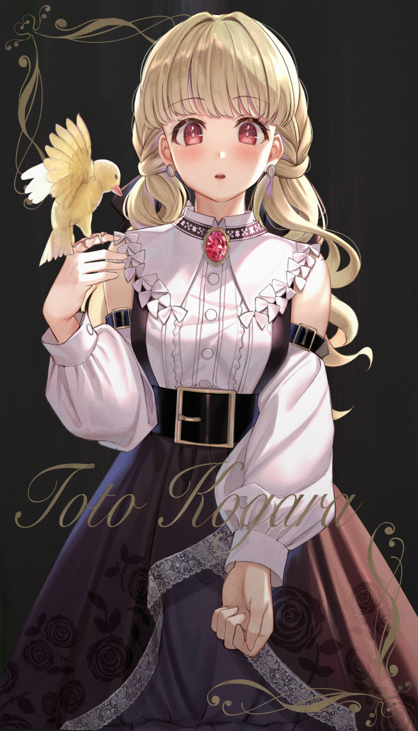 1girl, absurdres, animal, arm_strap, bangs, bird, bird_on_hand, black_background, black_bow, black_skirt, blonde_hair, blunt_bangs, blush, bow, braid, buttons, canary, character_name, clenched_hand, commentary_request, detached_sleeves, dress, dress_bow, earrings, frilled_dress, frills, gem, hair_bow, hand_up, highres, jewelry, kogara_toto, leather_belt, leather_strap, long_hair, long_sleeves, looking_at_viewer, lupinus_virtual_games, outstretched_arm, parted_lips, pleated_dress, puffy_sleeves, red_eyes, red_gemstone, shakkiyi, simple_background, skirt, sleeveless, sleeveless_dress, solo, surprised, teeth, twin_braids, twintails, upper_teeth, virtual_youtuber, vspo!, wide_belt